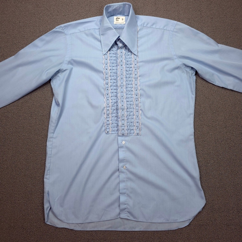 After Six Mens Vintage 70s Ruffle Tuxedo Shirt Blue Lace Trim 15.5 x 32 - Picture 2 of 9